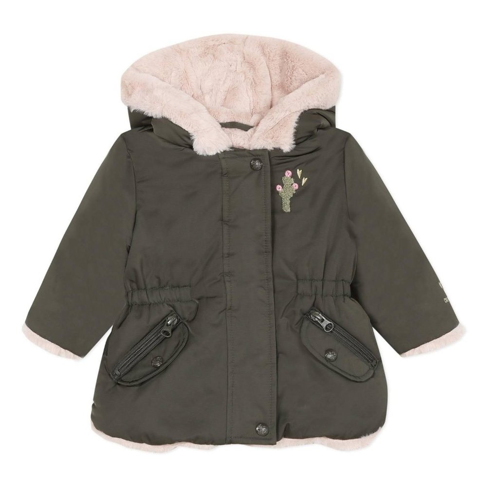 Catimini Paris Girls Green Coat with Pink Faux Fur / Size 18 Months Baby Jacket